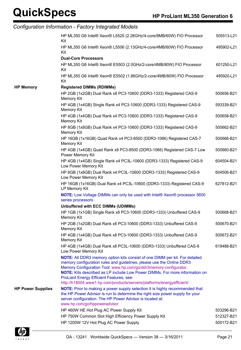 Quickspecs | HP PROLIANT ML350 G6 User Manual | Page 21 / 54