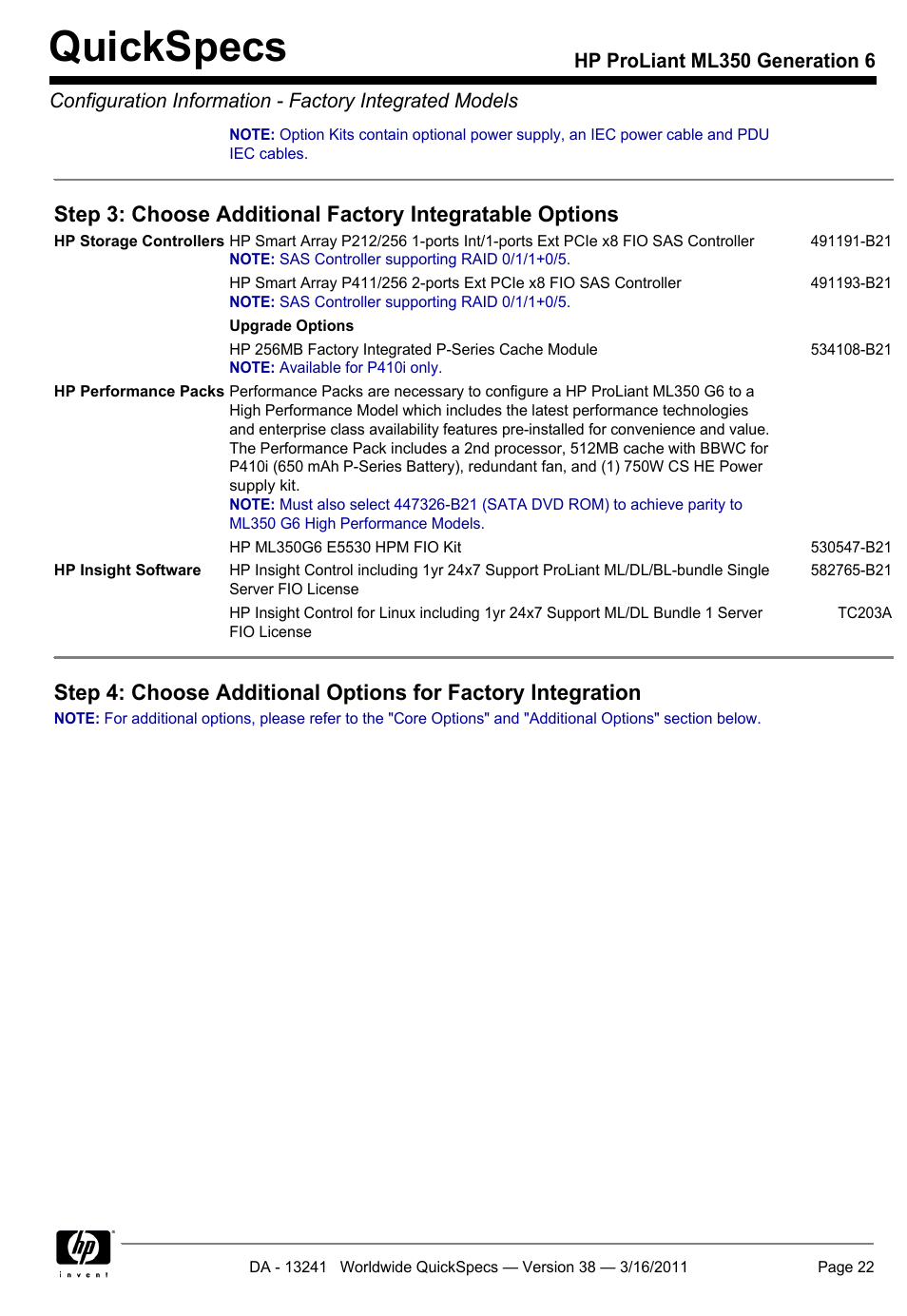 Quickspecs | HP PROLIANT ML350 G6 User Manual | Page 22 / 54