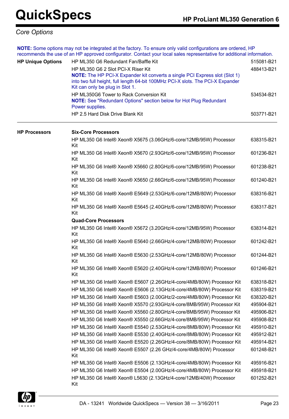 Core options, Quickspecs, Hp proliant ml350 generation 6 core options | HP PROLIANT ML350 G6 User Manual | Page 23 / 54