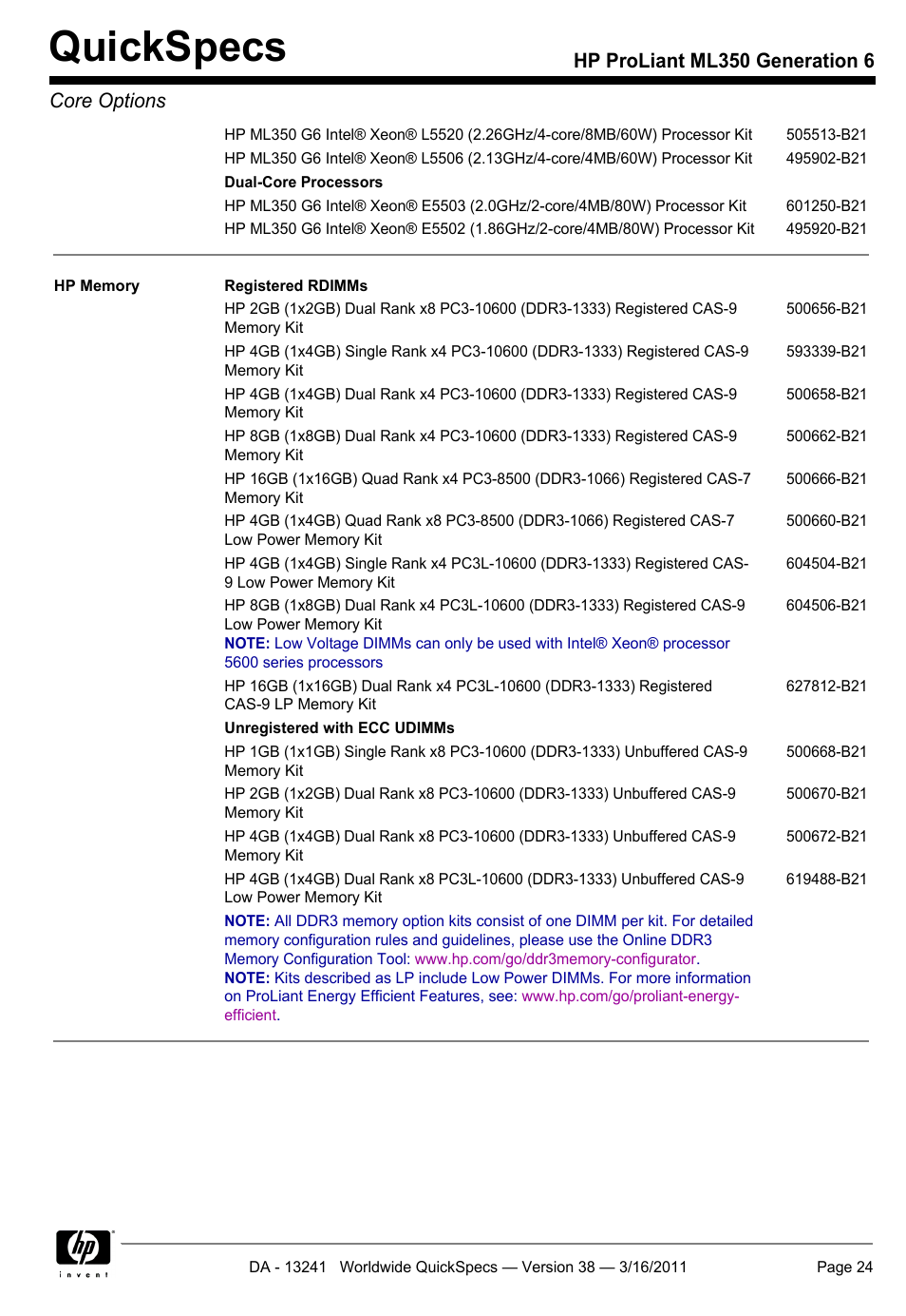 Quickspecs, Hp proliant ml350 generation 6 core options | HP PROLIANT ML350 G6 User Manual | Page 24 / 54