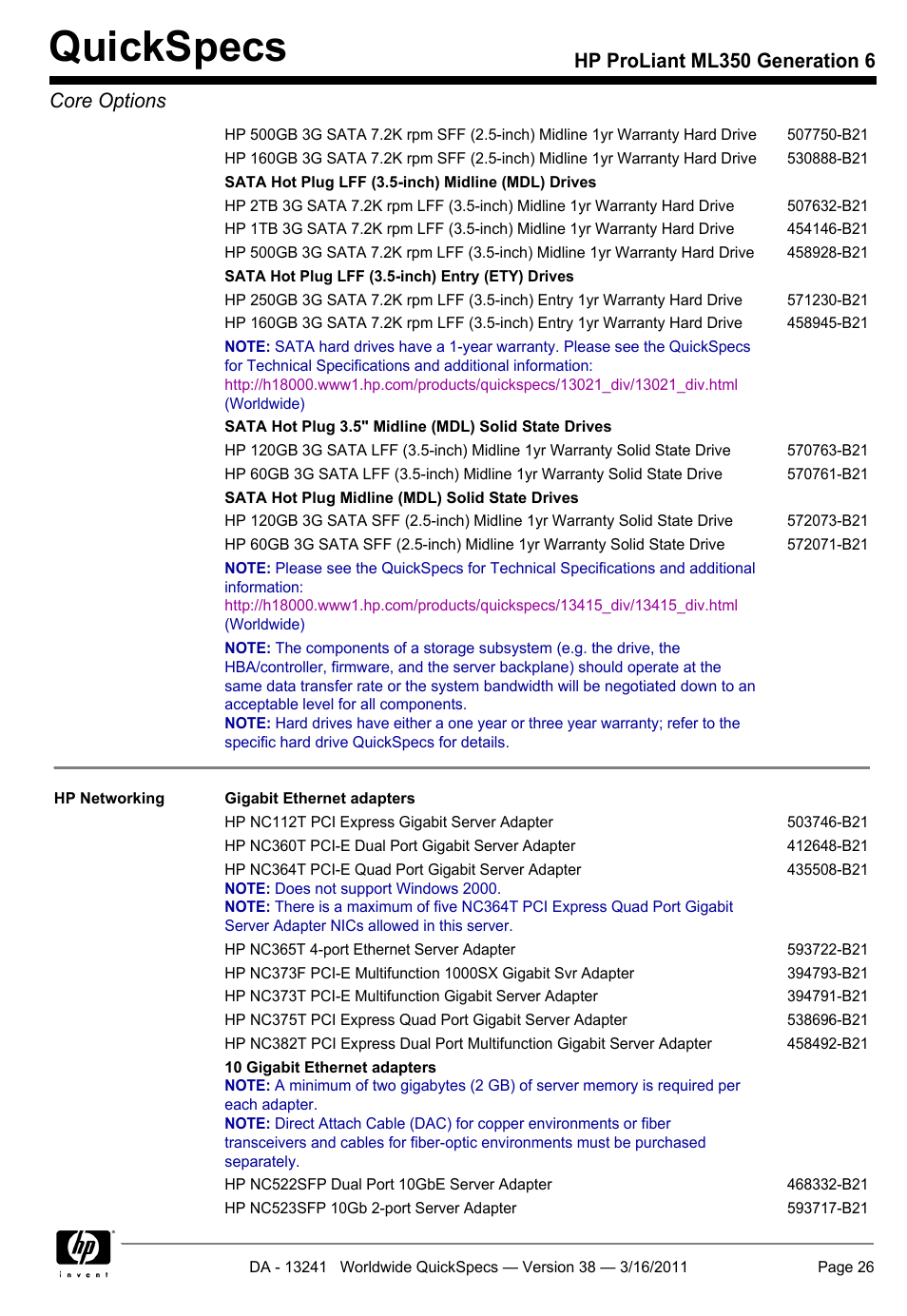 Quickspecs, Hp proliant ml350 generation 6 core options | HP PROLIANT ML350 G6 User Manual | Page 26 / 54