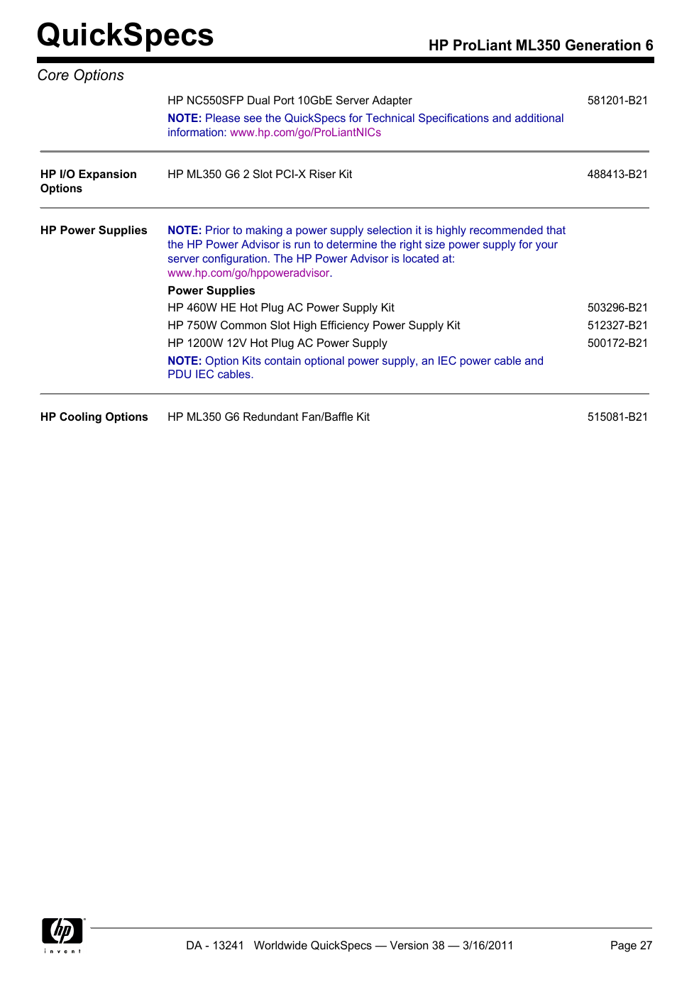 Quickspecs, Hp proliant ml350 generation 6 core options | HP PROLIANT ML350 G6 User Manual | Page 27 / 54