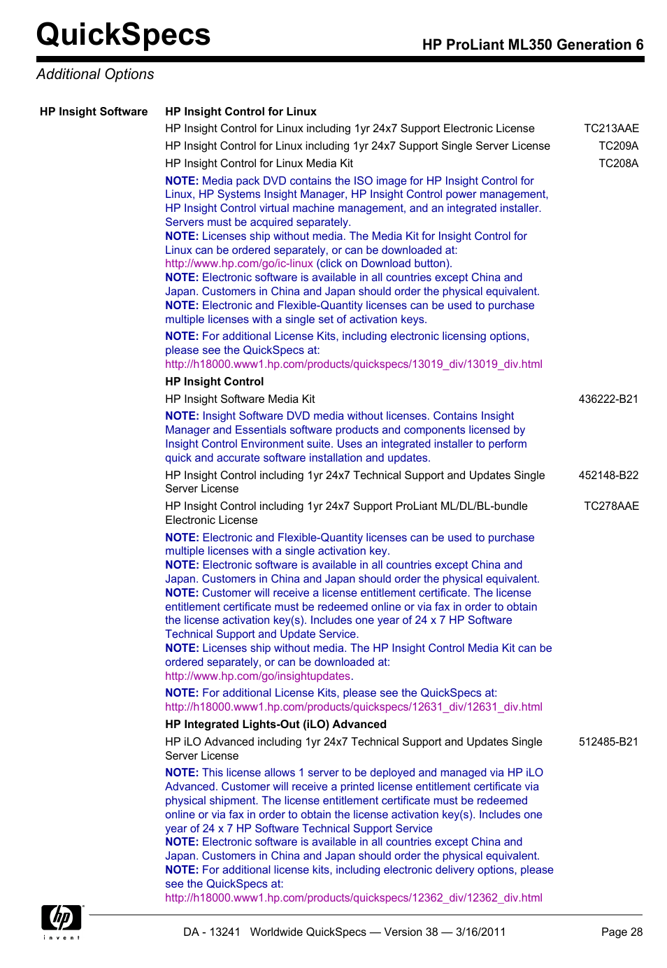 Additional options, Quickspecs, Hp proliant ml350 generation 6 additional options | HP PROLIANT ML350 G6 User Manual | Page 28 / 54