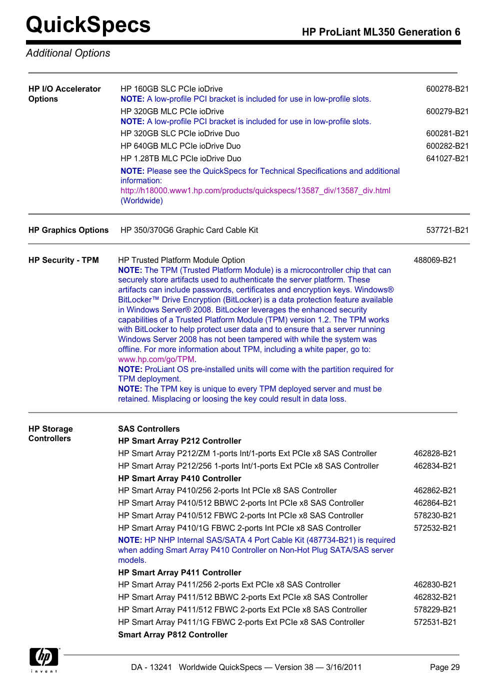 Quickspecs, Hp proliant ml350 generation 6 additional options | HP PROLIANT ML350 G6 User Manual | Page 29 / 54