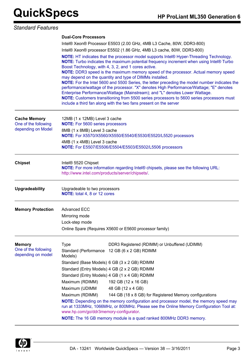 Quickspecs, Hp proliant ml350 generation 6 standard features | HP PROLIANT ML350 G6 User Manual | Page 3 / 54