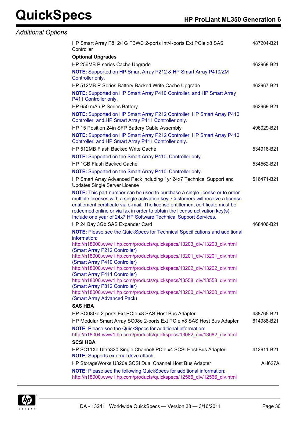 Quickspecs, Hp proliant ml350 generation 6 additional options | HP PROLIANT ML350 G6 User Manual | Page 30 / 54
