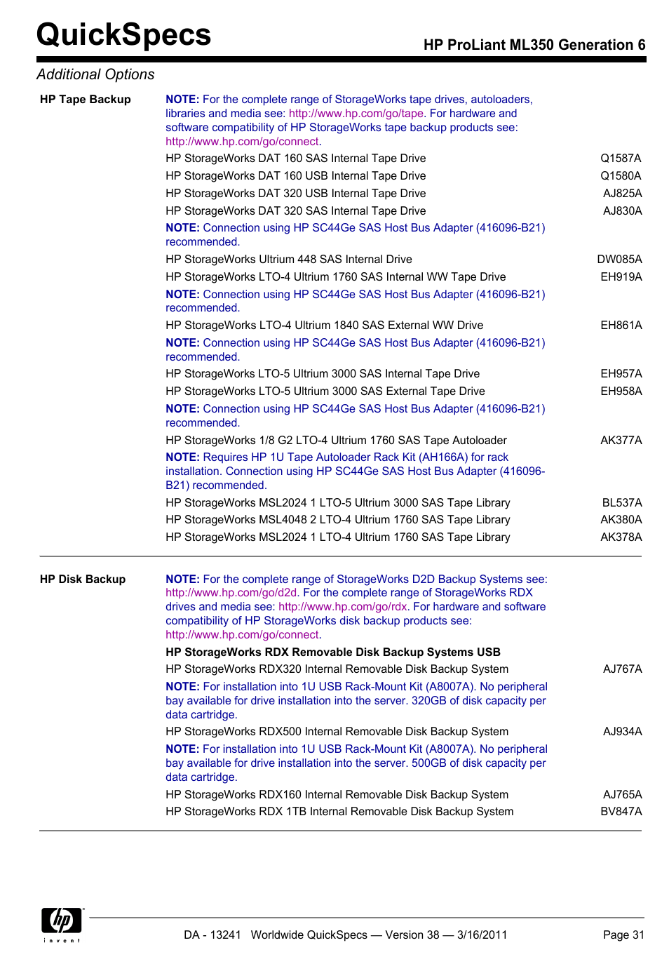 Quickspecs, Hp proliant ml350 generation 6 additional options | HP PROLIANT ML350 G6 User Manual | Page 31 / 54