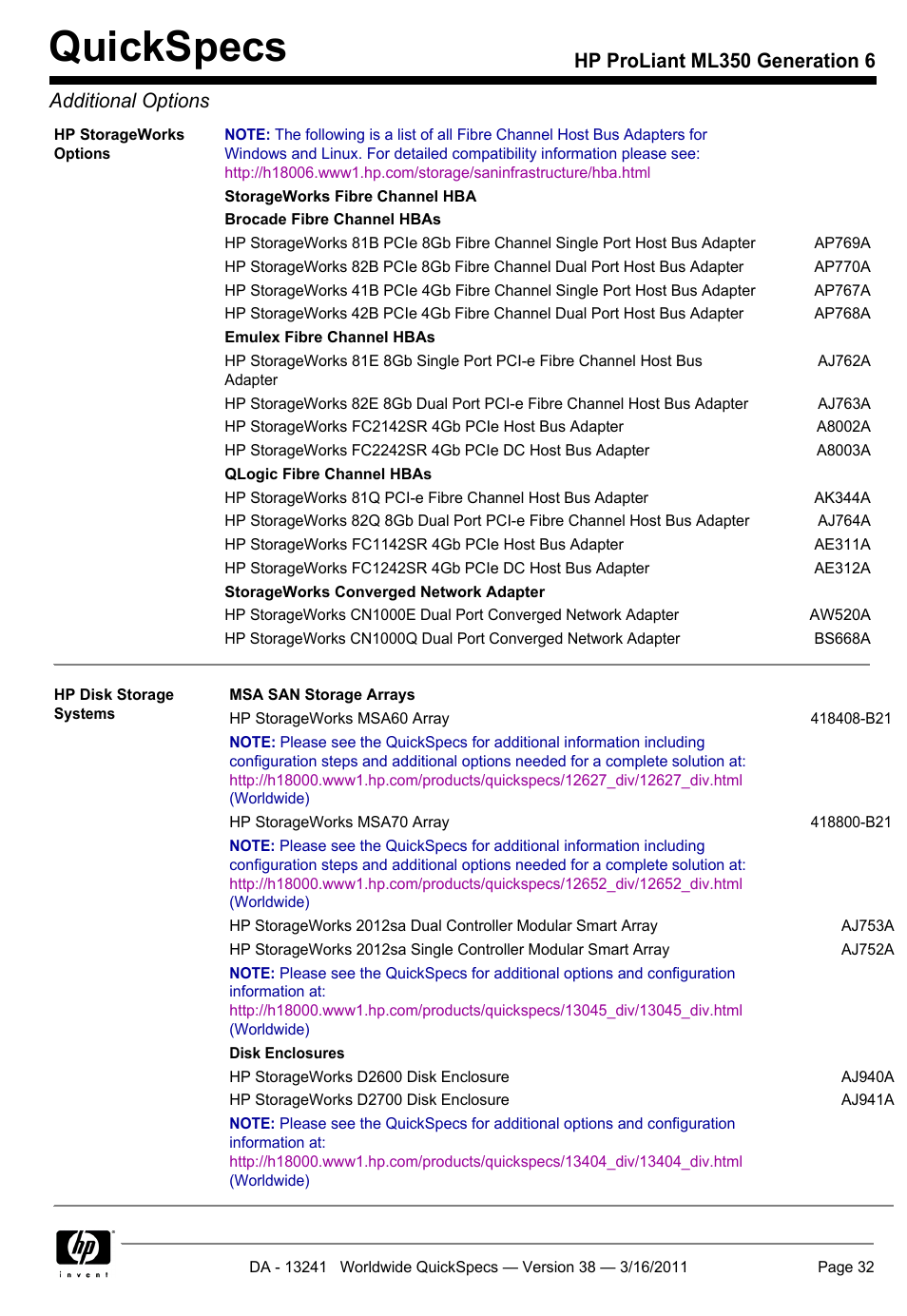 Quickspecs, Hp proliant ml350 generation 6 additional options | HP PROLIANT ML350 G6 User Manual | Page 32 / 54