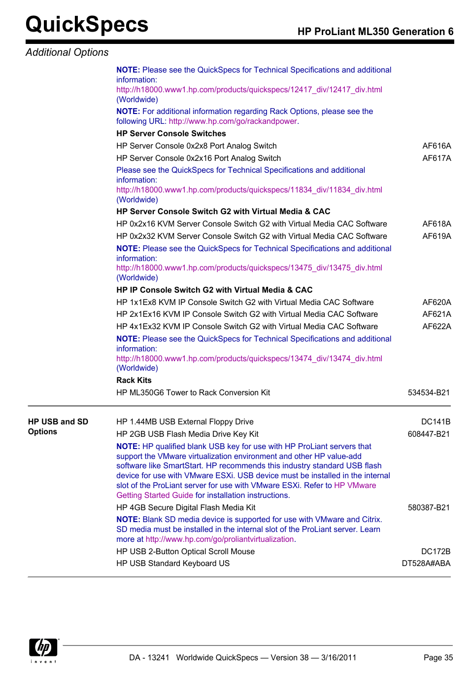 Quickspecs, Hp proliant ml350 generation 6 additional options | HP PROLIANT ML350 G6 User Manual | Page 35 / 54