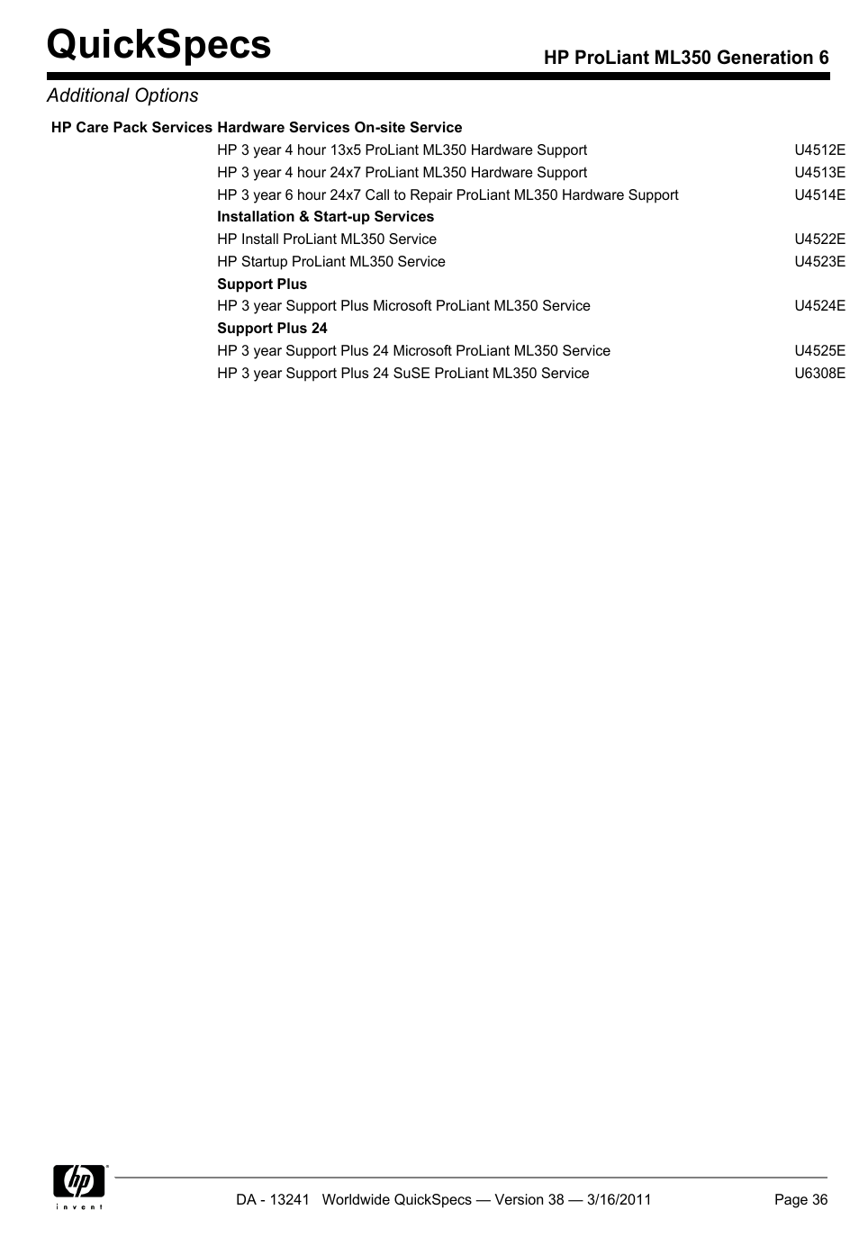 Quickspecs, Hp proliant ml350 generation 6 additional options | HP PROLIANT ML350 G6 User Manual | Page 36 / 54