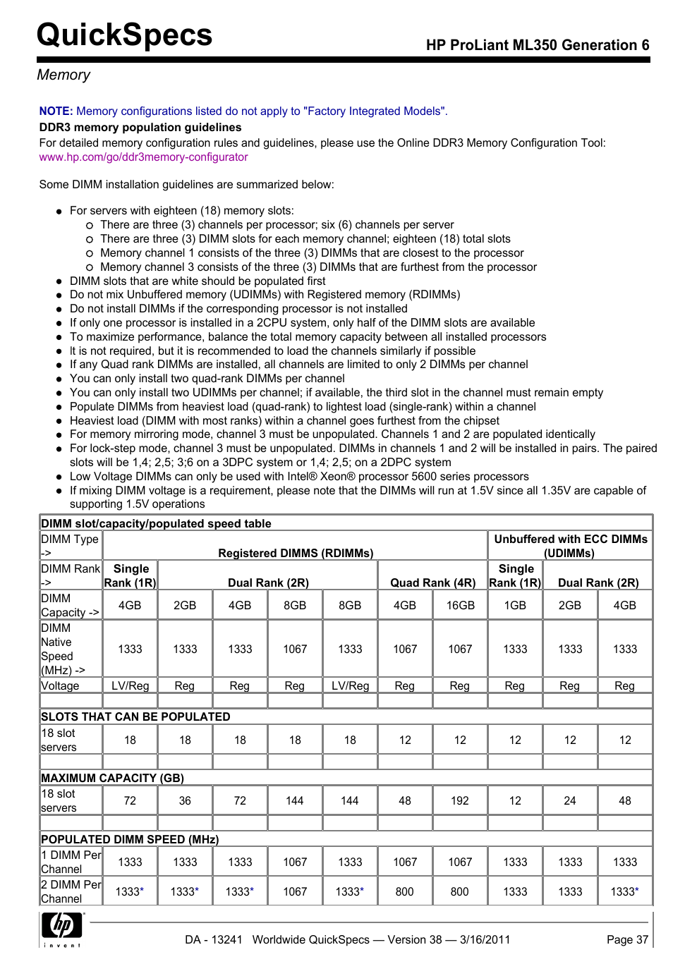 Memory, Quickspecs | HP PROLIANT ML350 G6 User Manual | Page 37 / 54