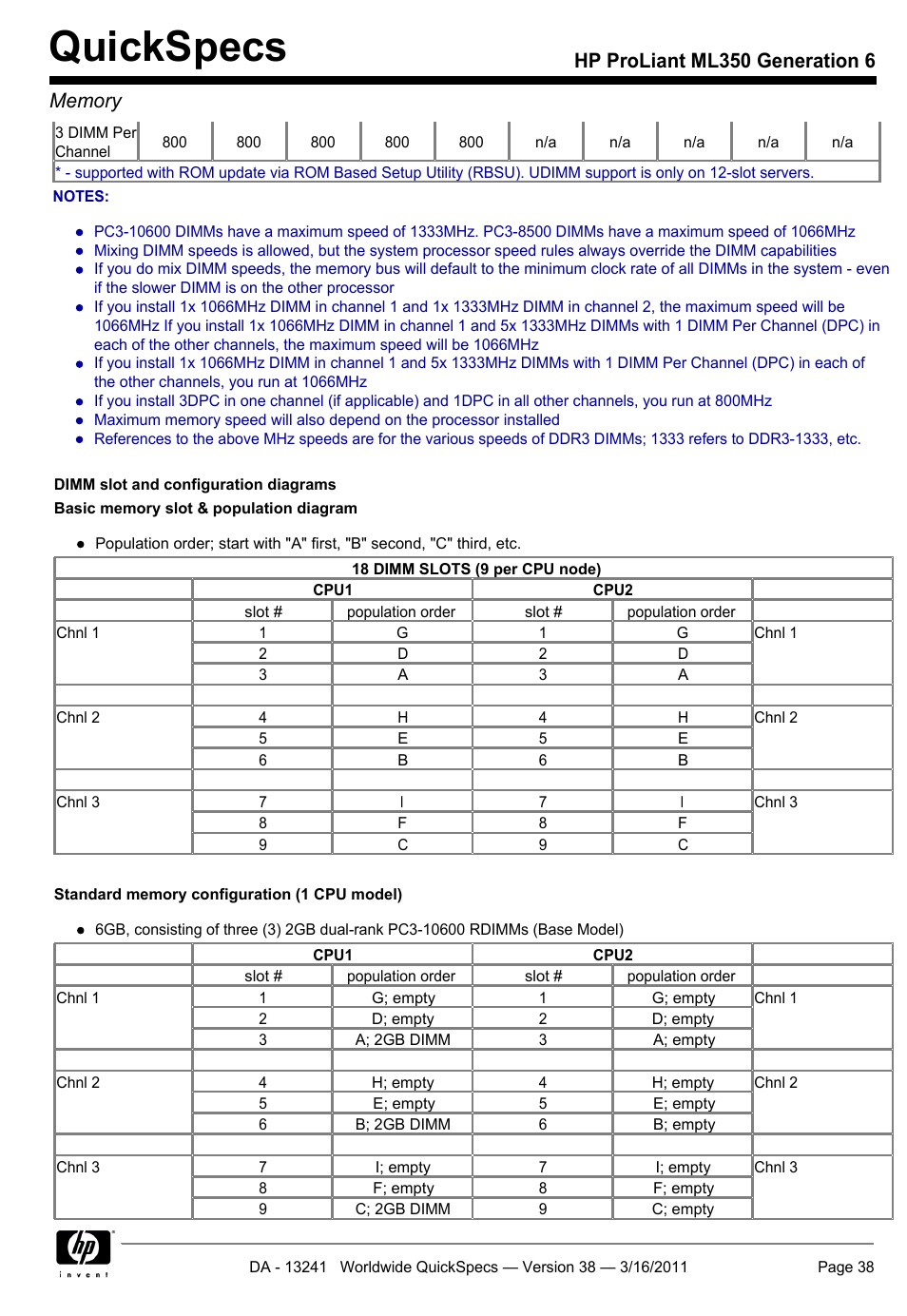 Quickspecs | HP PROLIANT ML350 G6 User Manual | Page 38 / 54