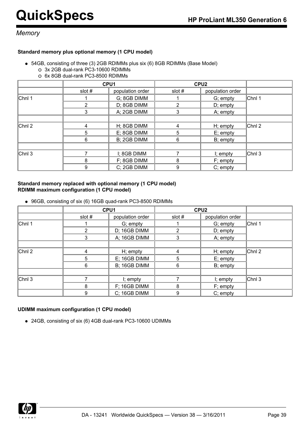 Quickspecs | HP PROLIANT ML350 G6 User Manual | Page 39 / 54