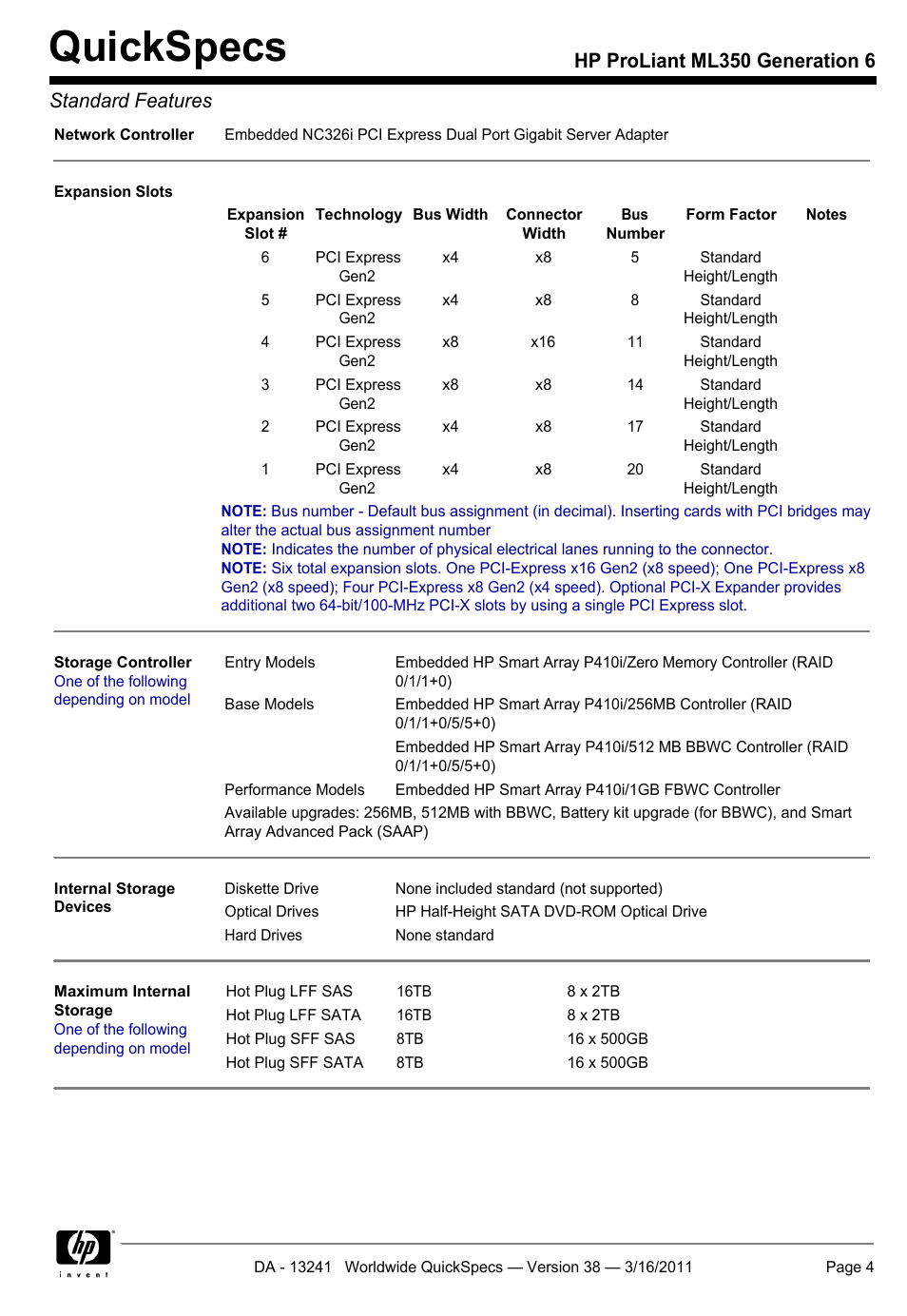Quickspecs, Hp proliant ml350 generation 6 standard features | HP PROLIANT ML350 G6 User Manual | Page 4 / 54