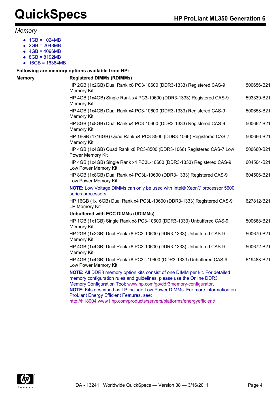 Quickspecs | HP PROLIANT ML350 G6 User Manual | Page 41 / 54