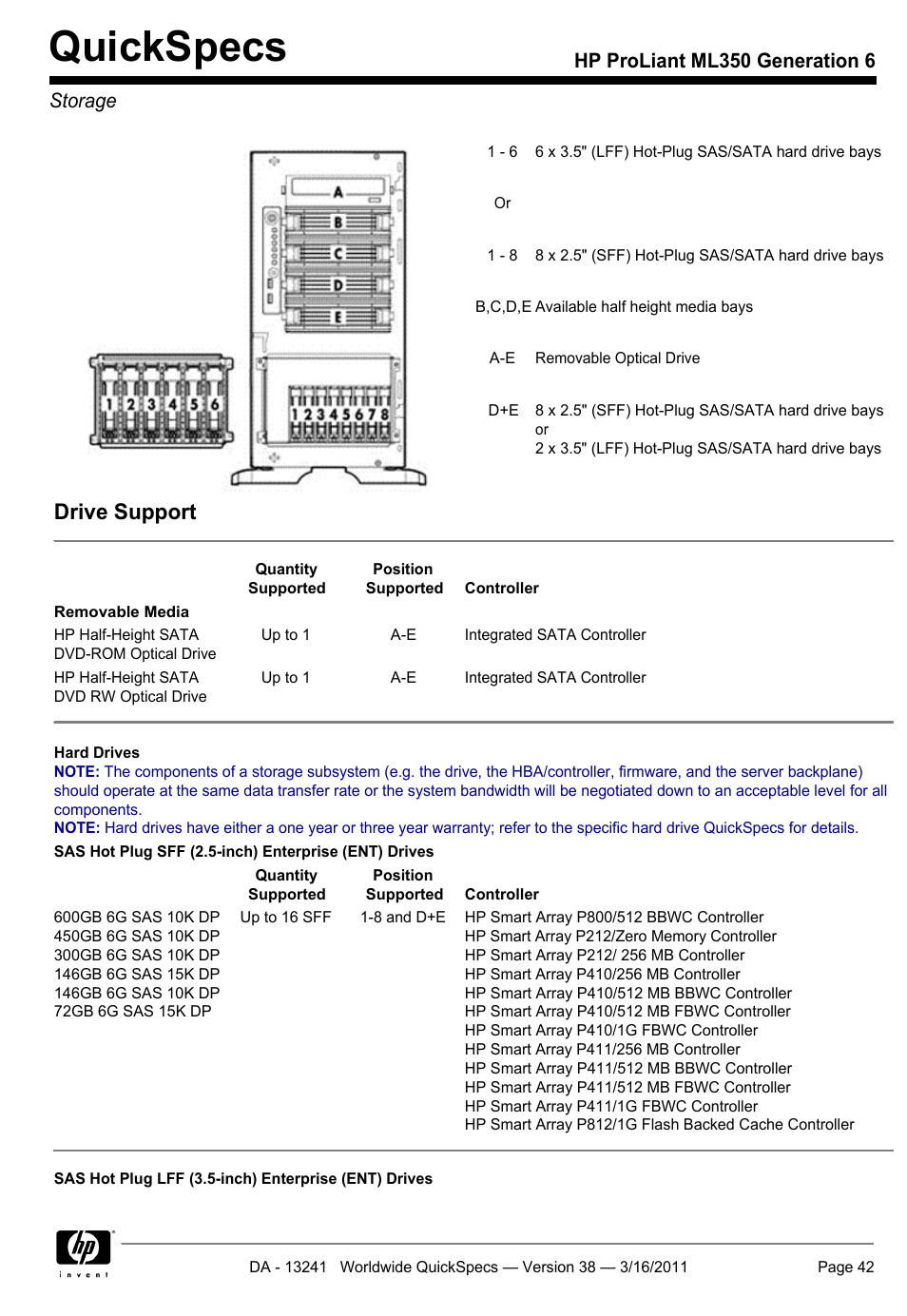 Storage, Quickspecs, Drive support | Hp proliant ml350 generation 6 storage | HP PROLIANT ML350 G6 User Manual | Page 42 / 54