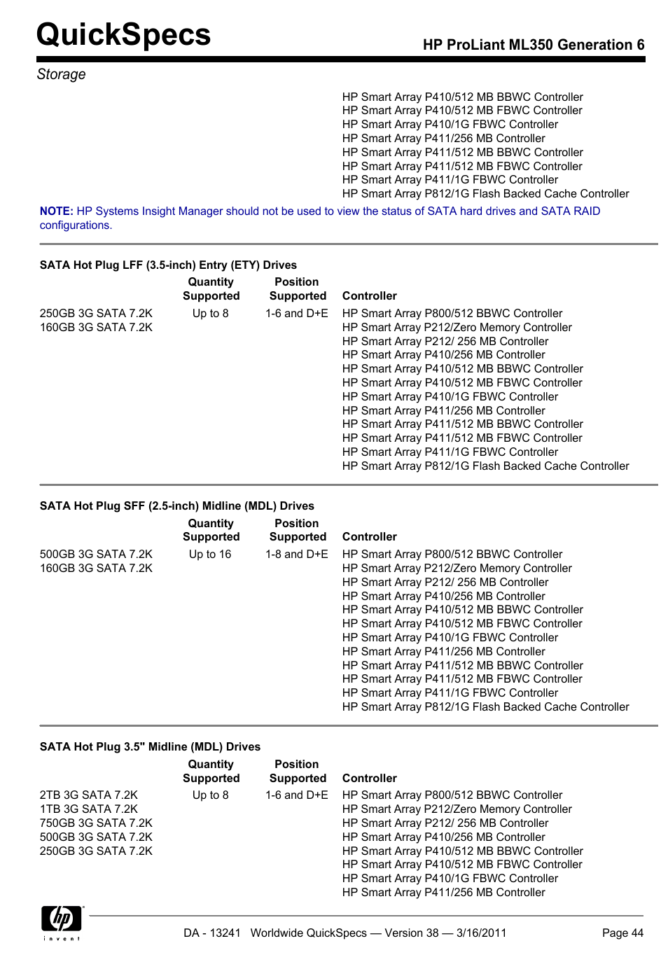 Quickspecs, Hp proliant ml350 generation 6 storage | HP PROLIANT ML350 G6 User Manual | Page 44 / 54