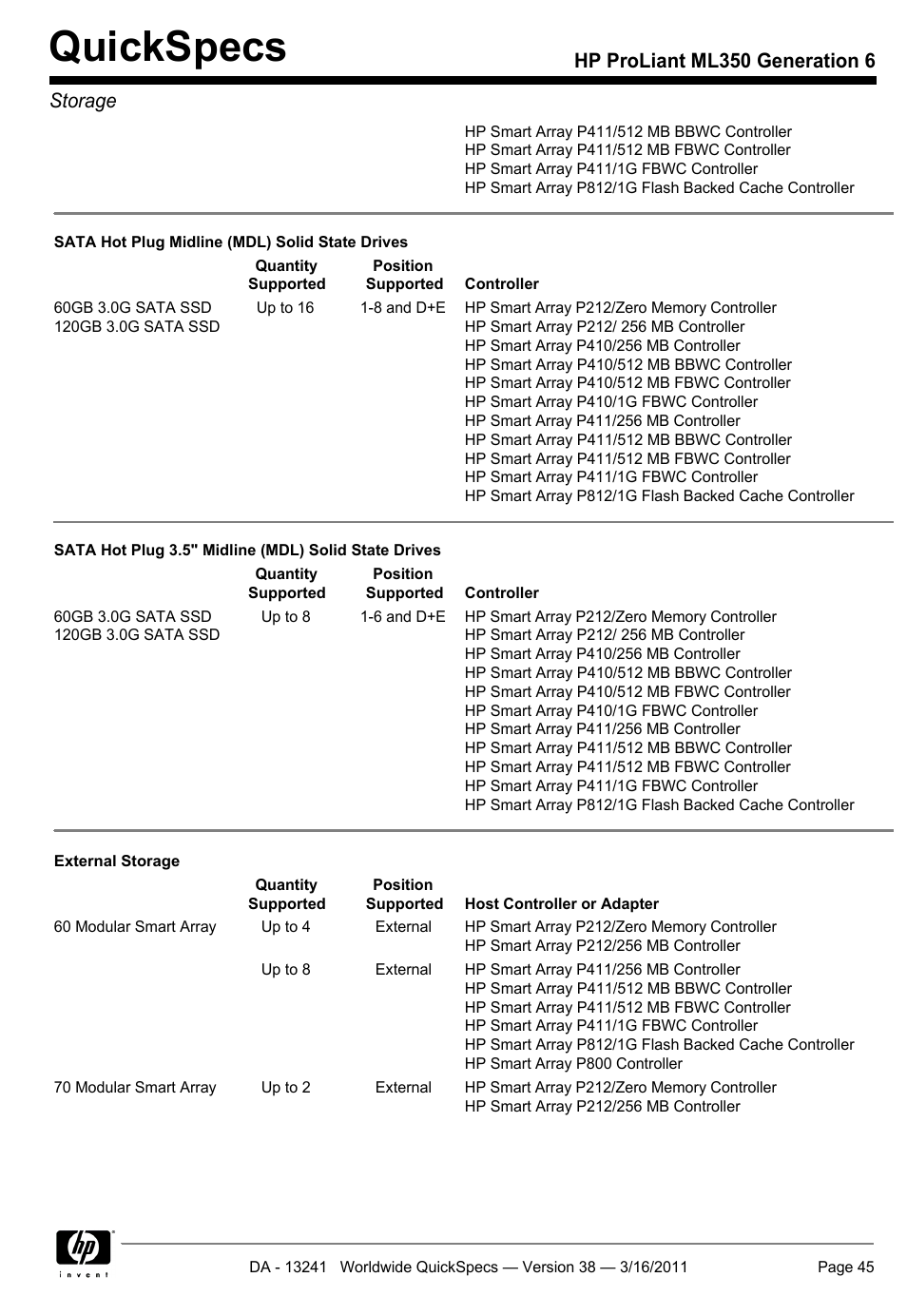 Quickspecs, Hp proliant ml350 generation 6 storage | HP PROLIANT ML350 G6 User Manual | Page 45 / 54