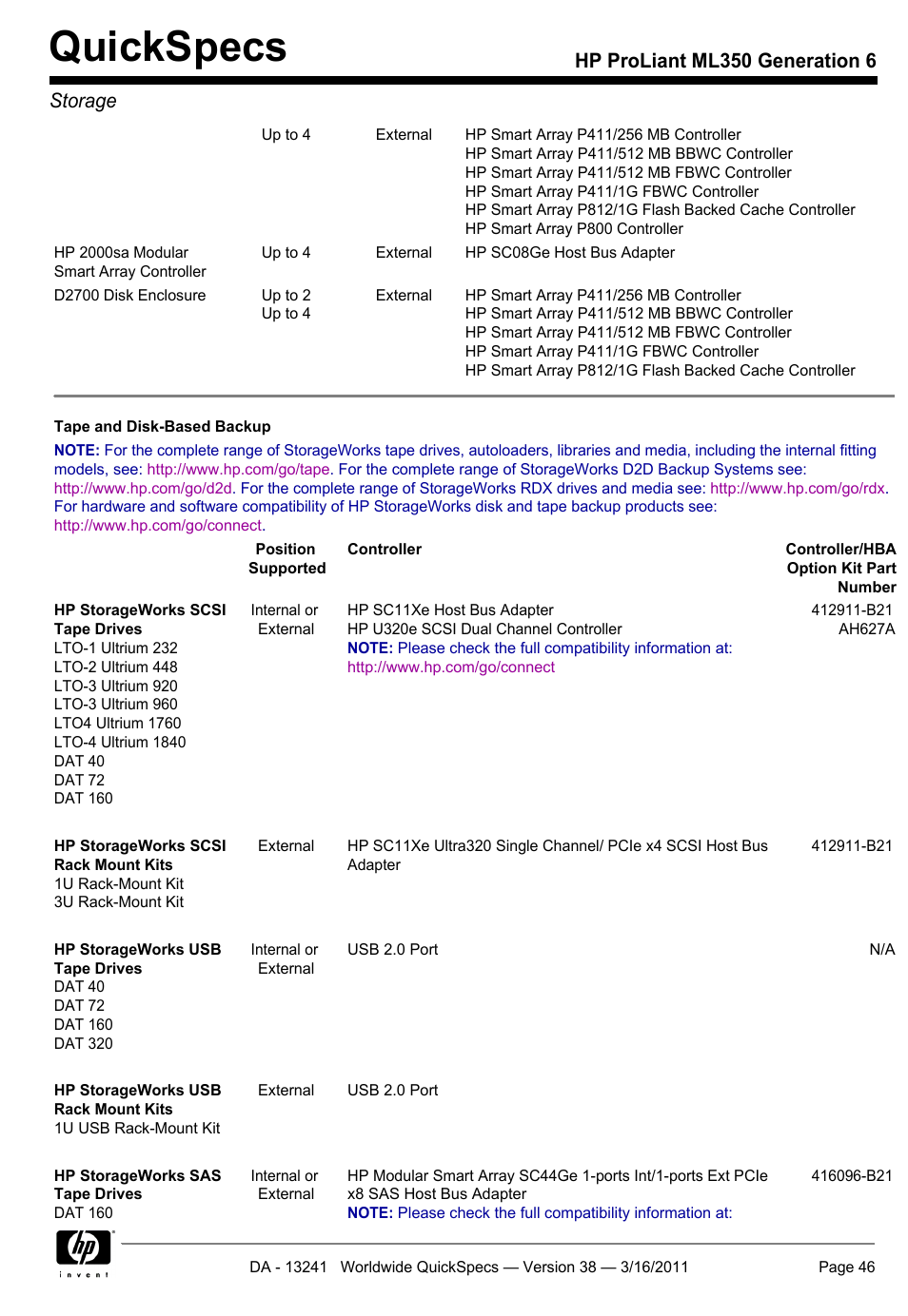 Quickspecs, Hp proliant ml350 generation 6 storage | HP PROLIANT ML350 G6 User Manual | Page 46 / 54