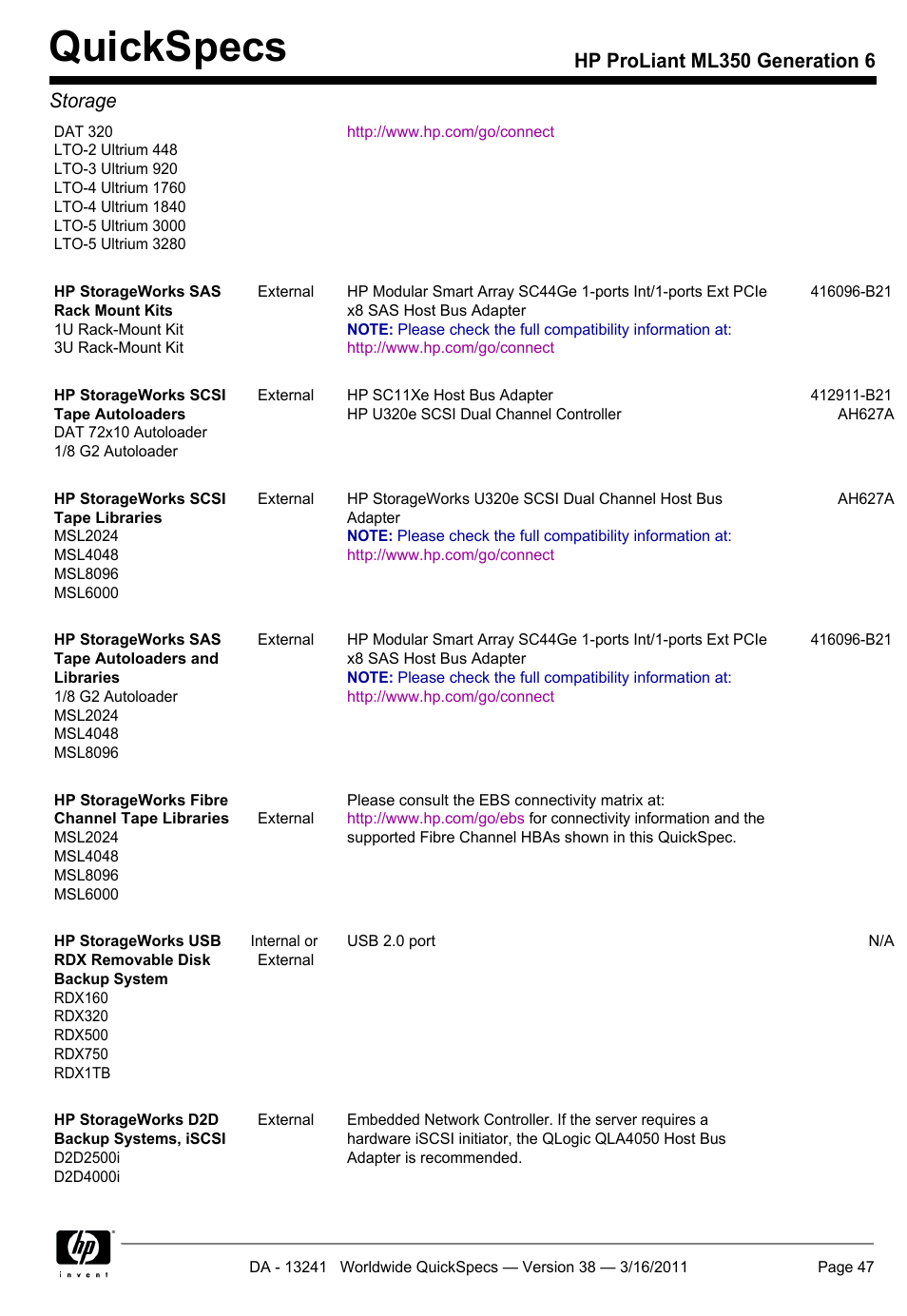 Quickspecs, Hp proliant ml350 generation 6 storage | HP PROLIANT ML350 G6 User Manual | Page 47 / 54
