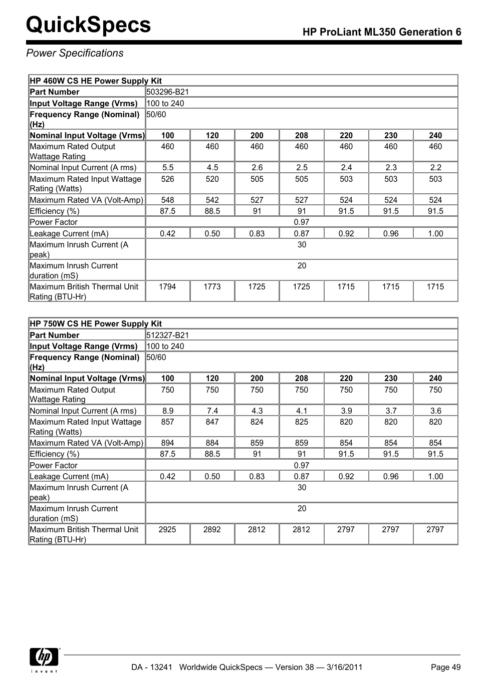 Power specifications, Quickspecs | HP PROLIANT ML350 G6 User Manual | Page 49 / 54
