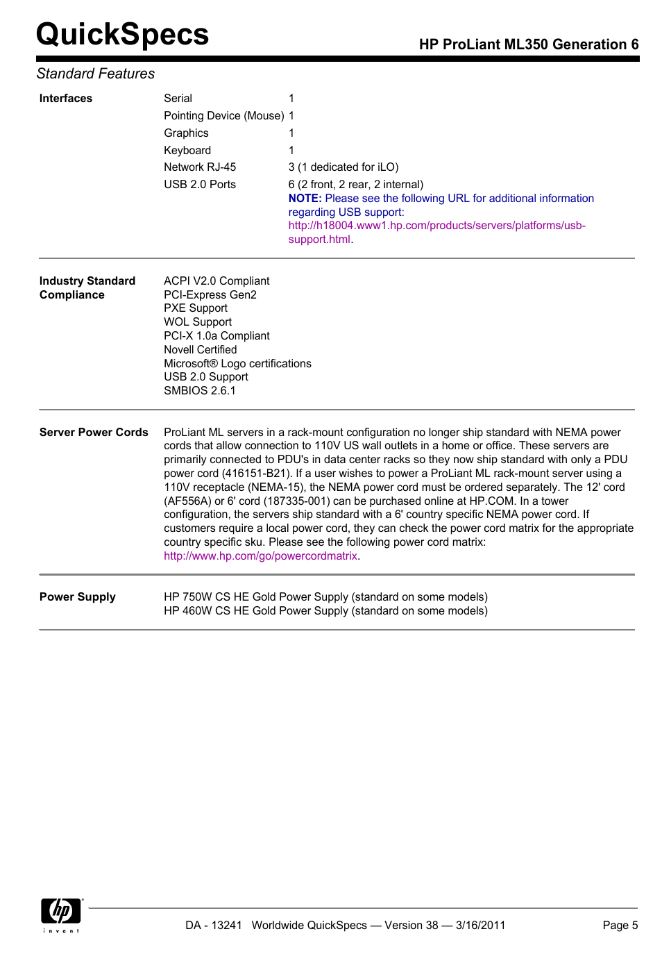 Quickspecs, Hp proliant ml350 generation 6 standard features | HP PROLIANT ML350 G6 User Manual | Page 5 / 54