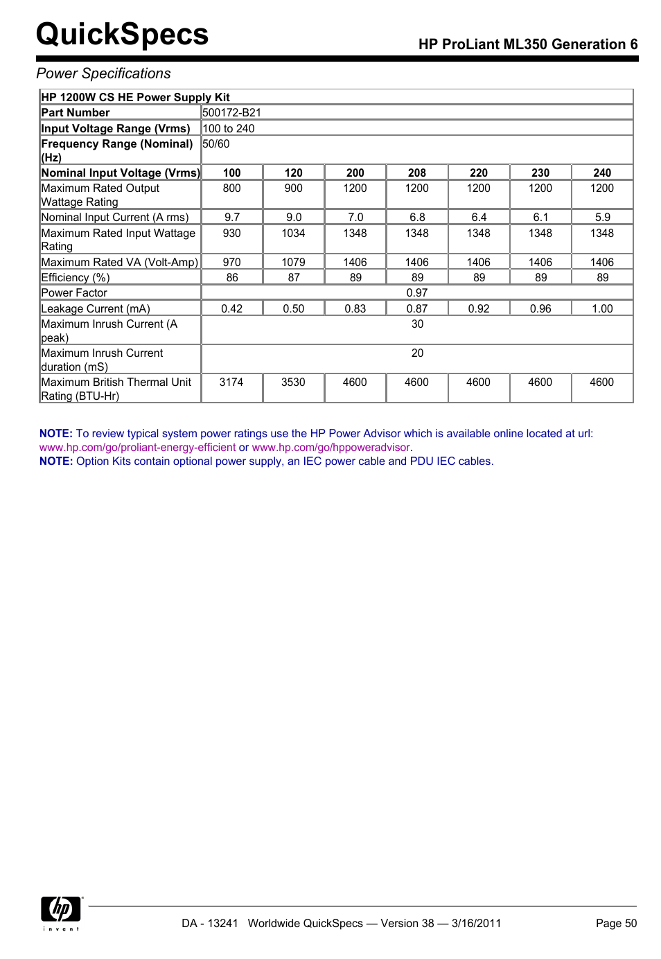 Quickspecs | HP PROLIANT ML350 G6 User Manual | Page 50 / 54