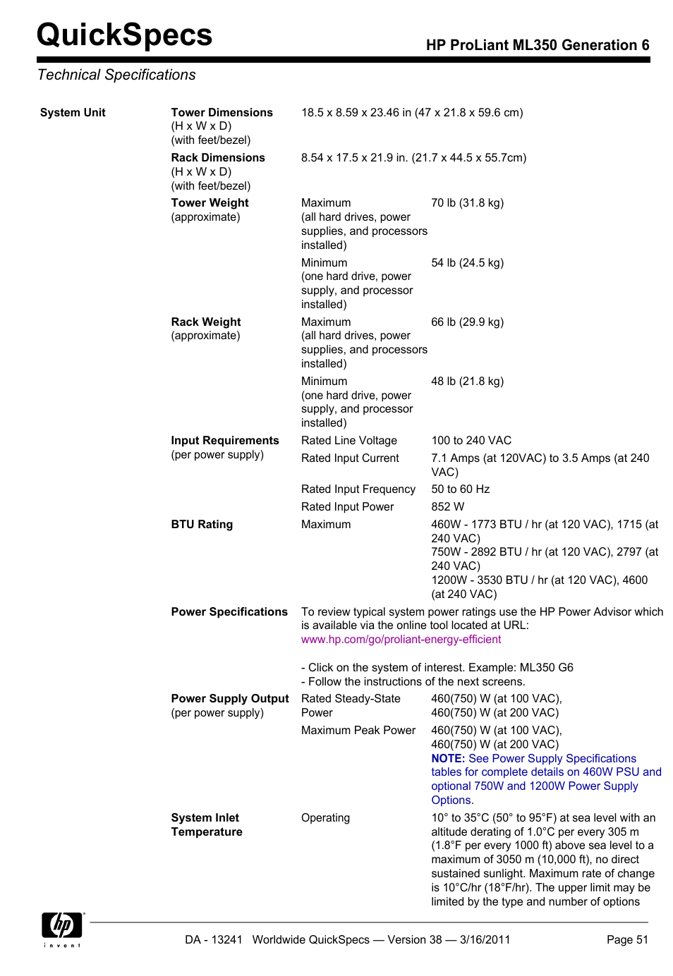 Technical specifications, Quickspecs | HP PROLIANT ML350 G6 User Manual | Page 51 / 54