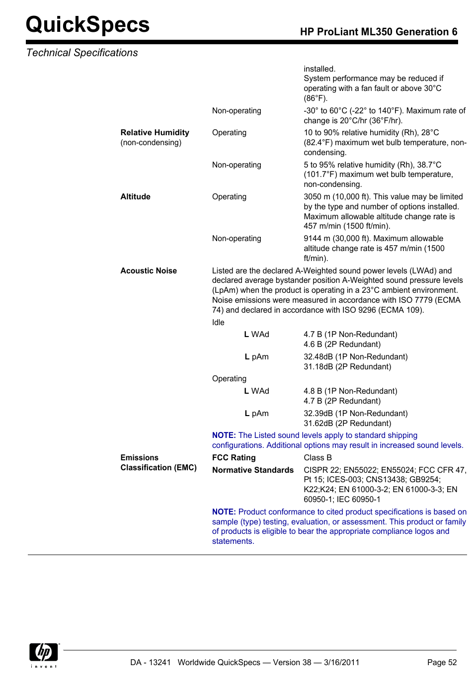 Quickspecs | HP PROLIANT ML350 G6 User Manual | Page 52 / 54