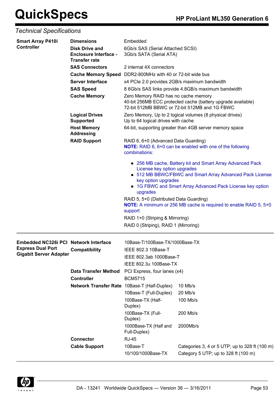 Quickspecs | HP PROLIANT ML350 G6 User Manual | Page 53 / 54