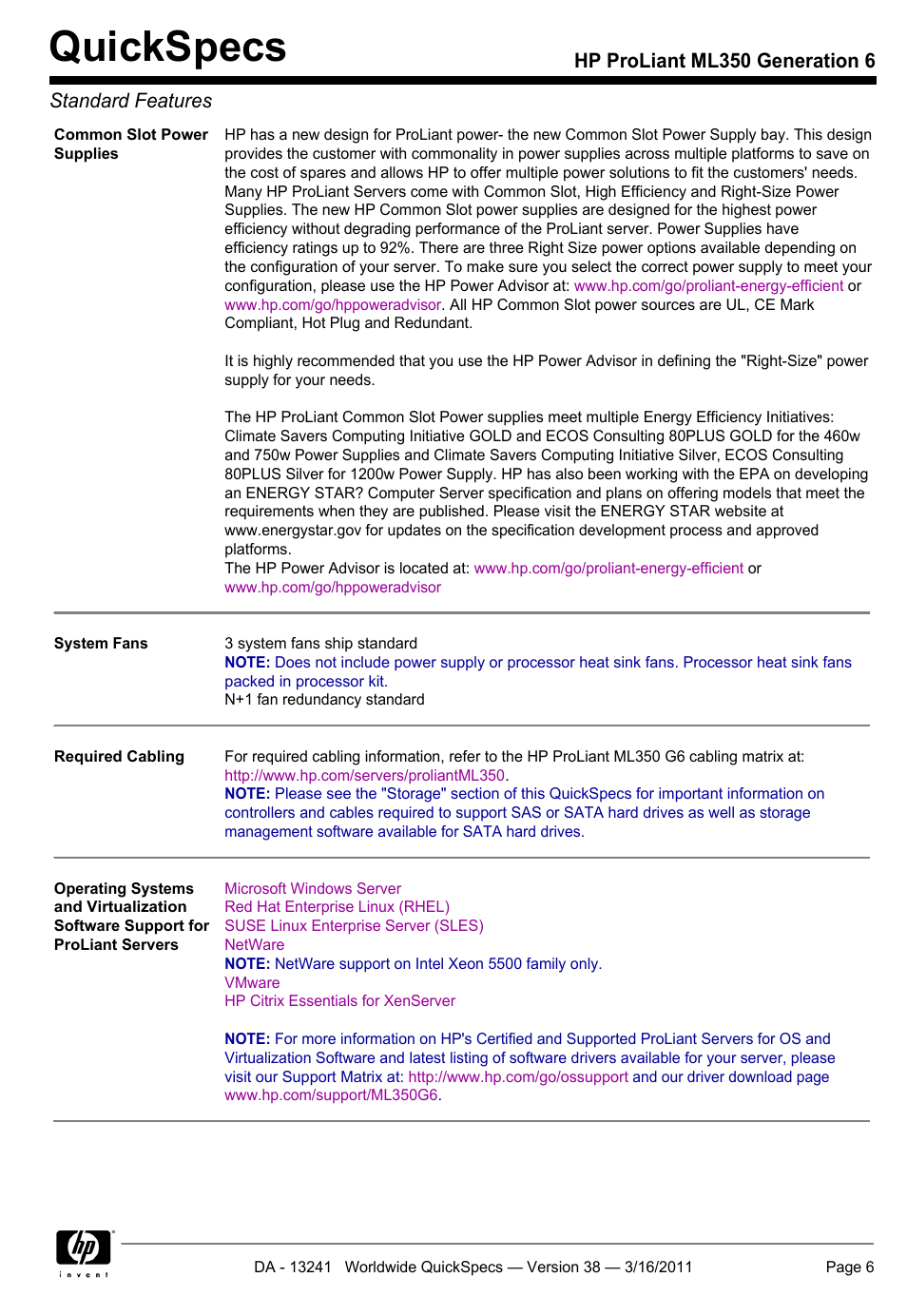 Quickspecs, Hp proliant ml350 generation 6 standard features | HP PROLIANT ML350 G6 User Manual | Page 6 / 54