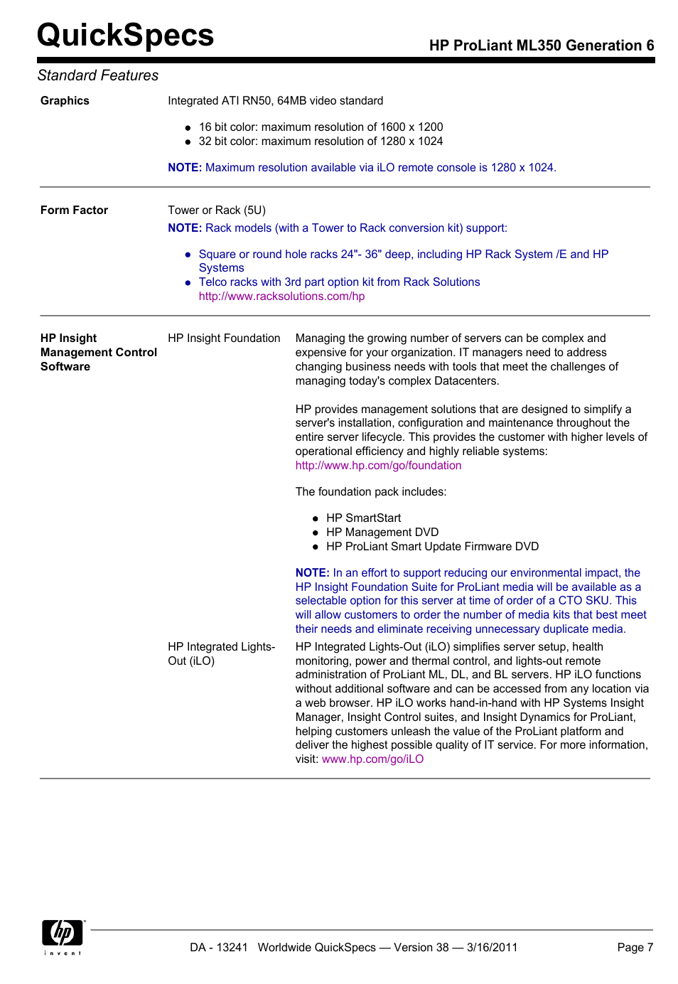 Quickspecs, Hp proliant ml350 generation 6 standard features | HP PROLIANT ML350 G6 User Manual | Page 7 / 54