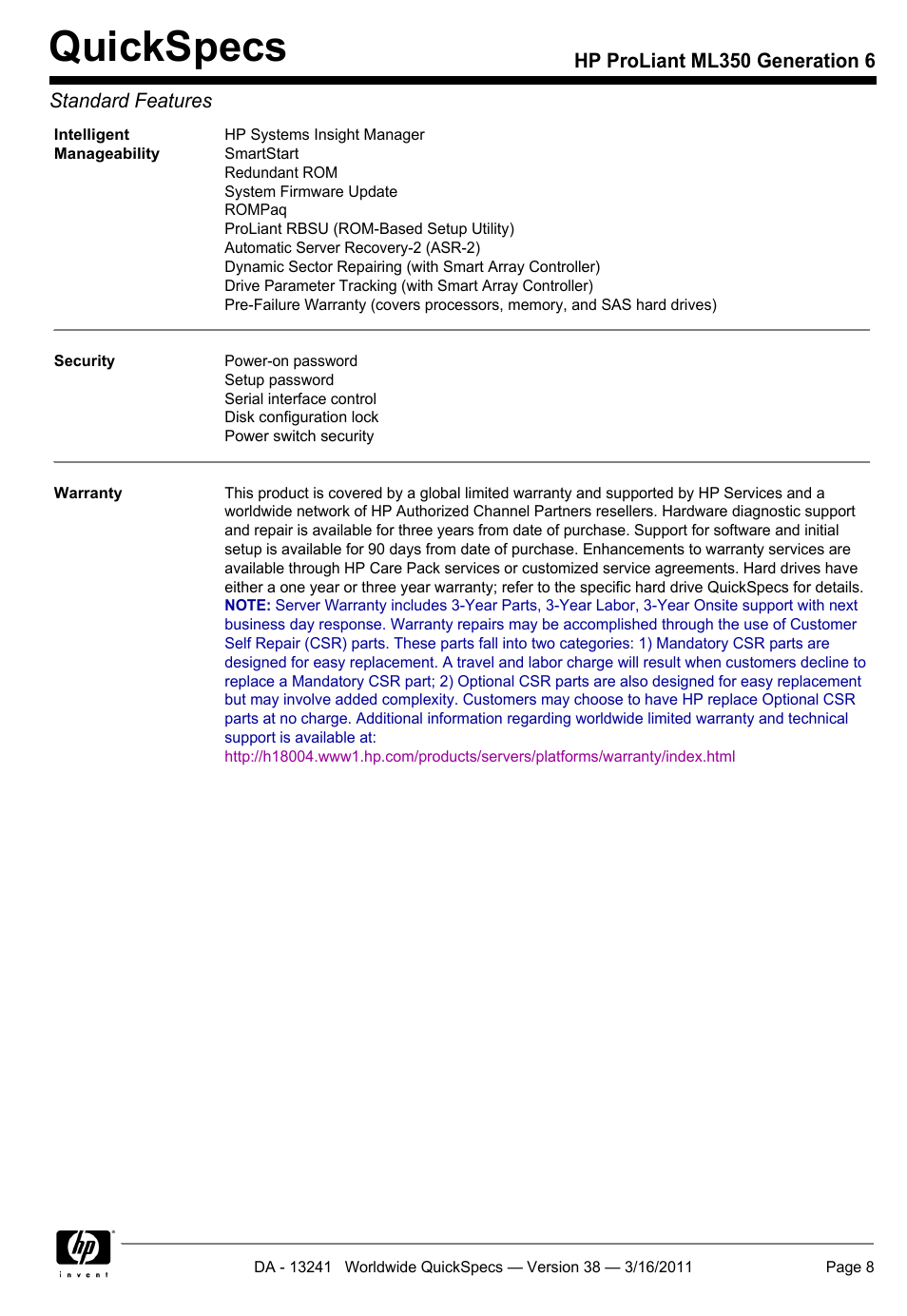 Quickspecs | HP PROLIANT ML350 G6 User Manual | Page 8 / 54