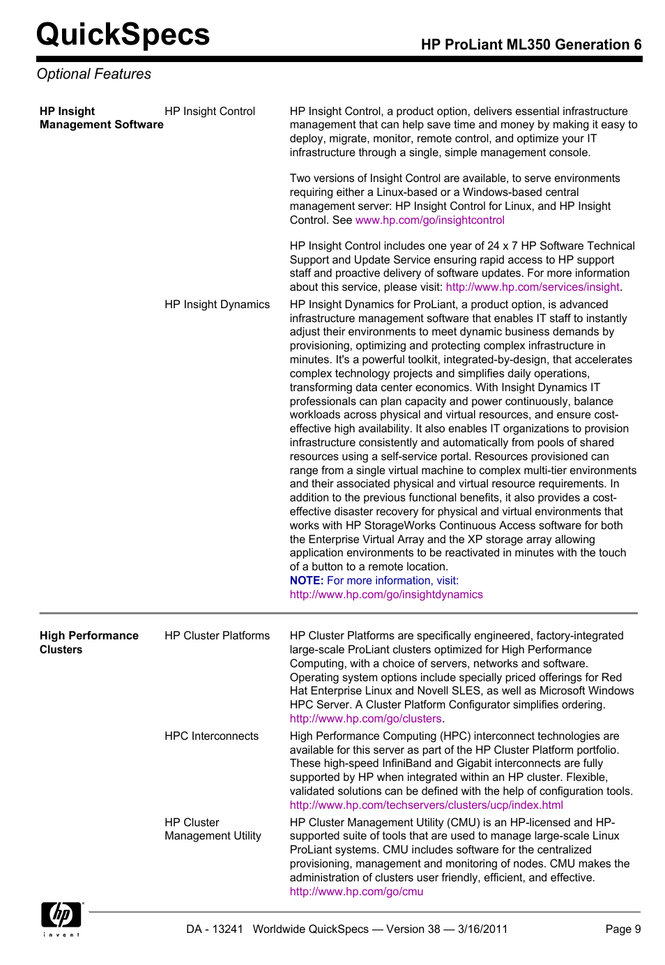 Optional features, Quickspecs, Hp proliant ml350 generation 6 optional features | HP PROLIANT ML350 G6 User Manual | Page 9 / 54