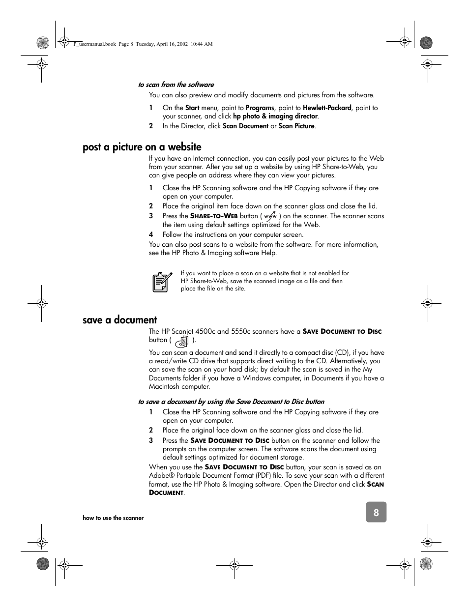 Post a picture on a website, Save a document | HP 4500c User Manual | Page 13 / 26