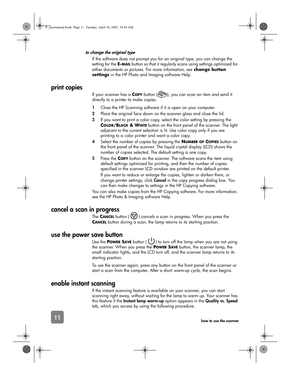 Print copies, Cancel a scan in progress, Use the power save button | Enable instant scanning | HP 4500c User Manual | Page 16 / 26