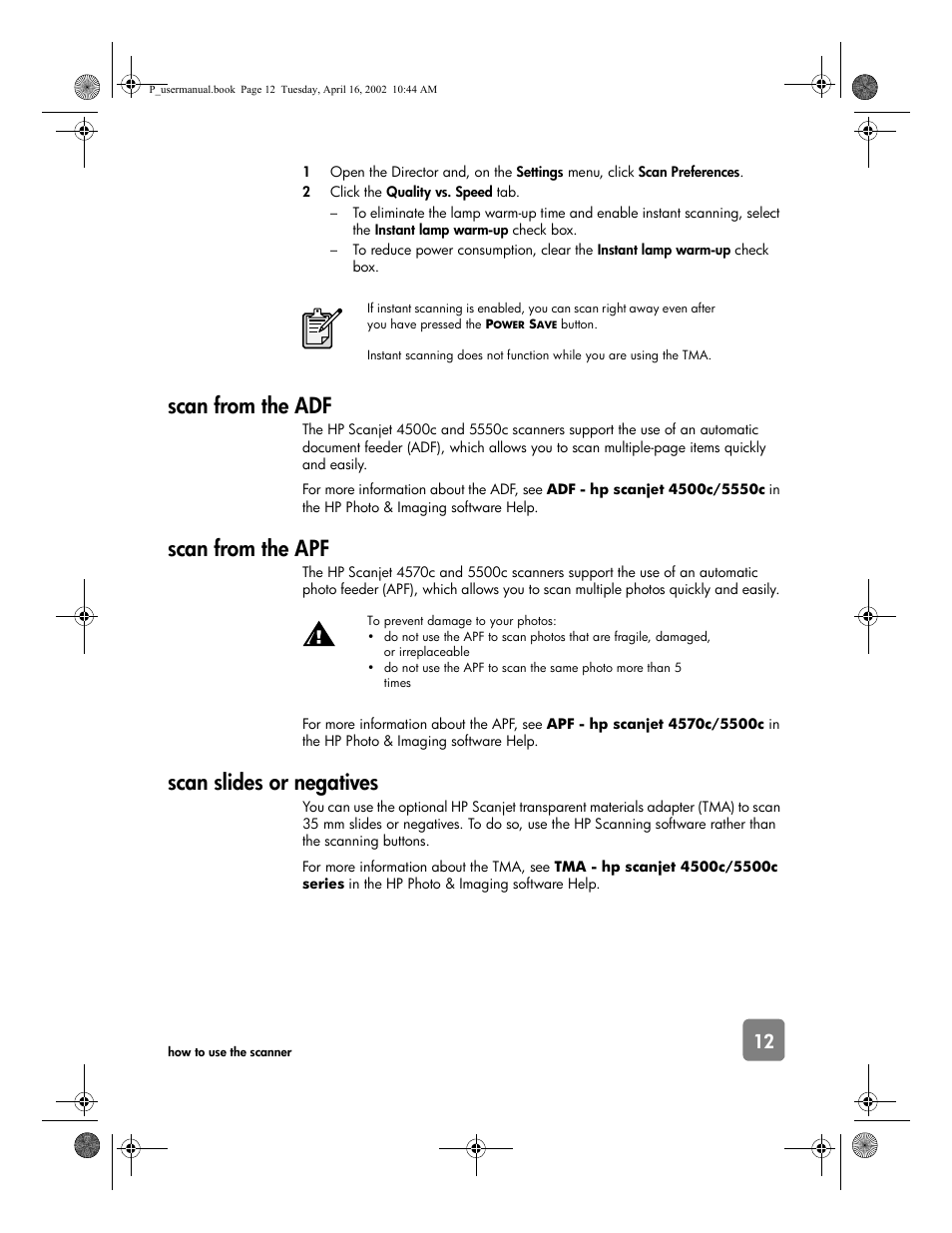 Scan from the adf, Scan from the apf, Scan slides or negatives | HP 4500c User Manual | Page 17 / 26