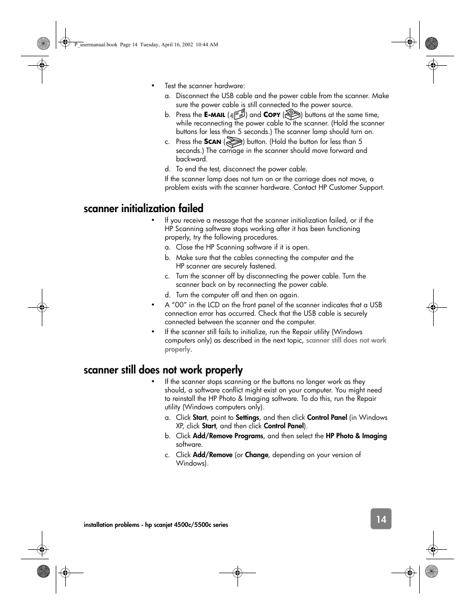 Scanner initialization failed, Scanner still does not work properly | HP 4500c User Manual | Page 19 / 26