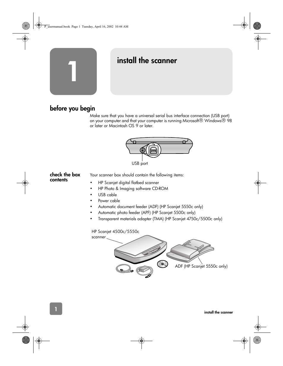 Install the scanner, Before you begin | HP 4500c User Manual | Page 6 / 26