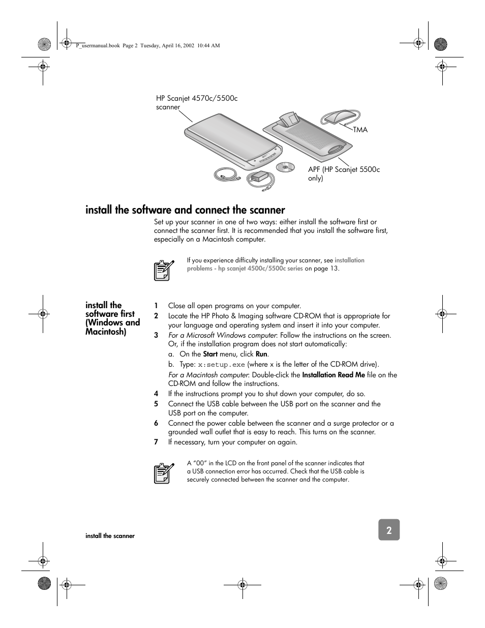 Install the software and connect the scanner | HP 4500c User Manual | Page 7 / 26