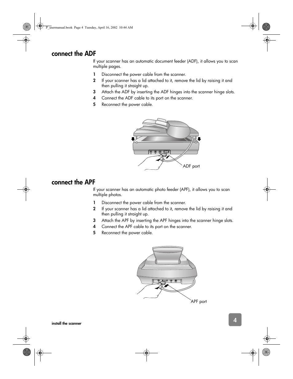 Connect the adf, Connect the apf | HP 4500c User Manual | Page 9 / 26