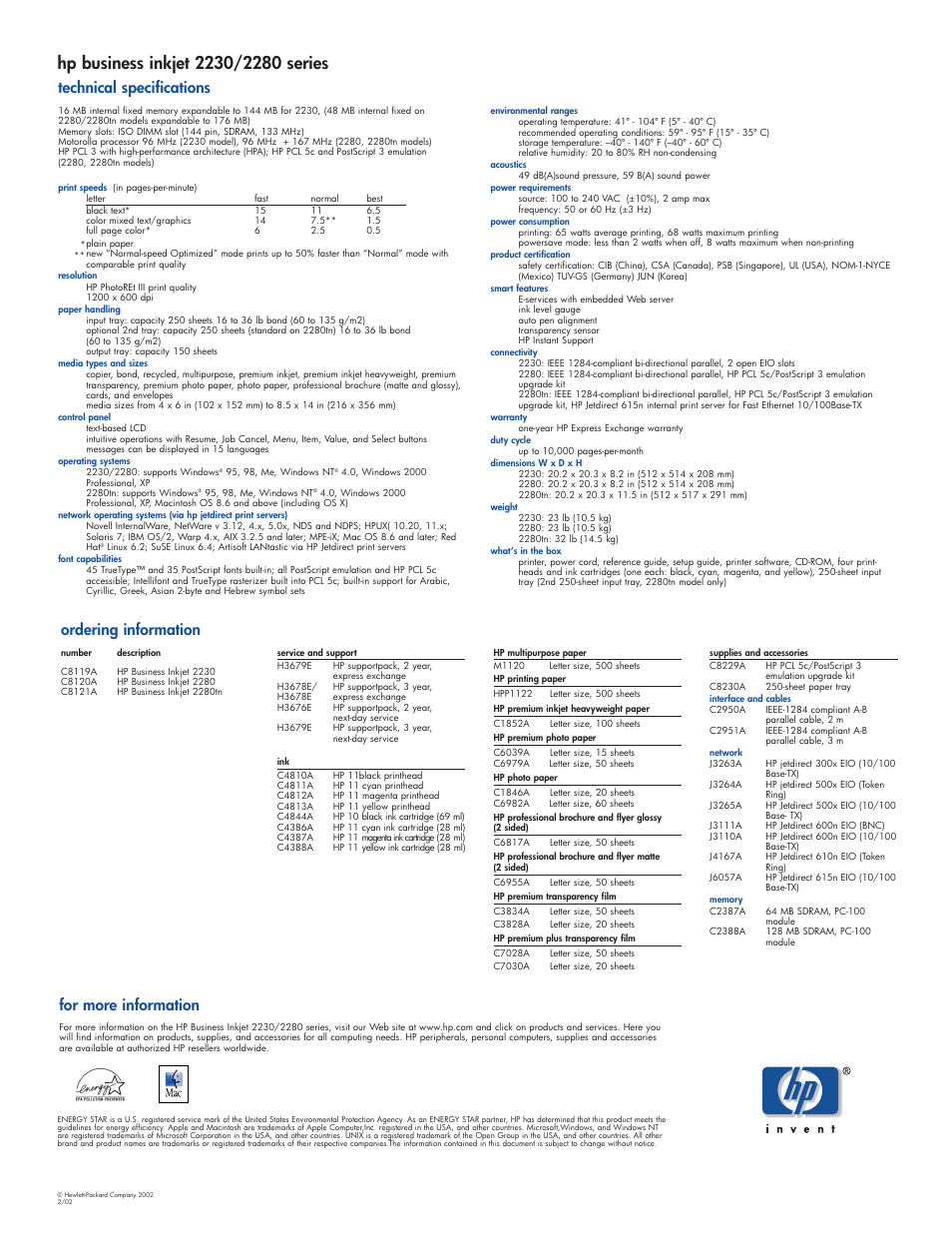Technical specifications for more information, Ordering information | HP 2280 User Manual | Page 2 / 2