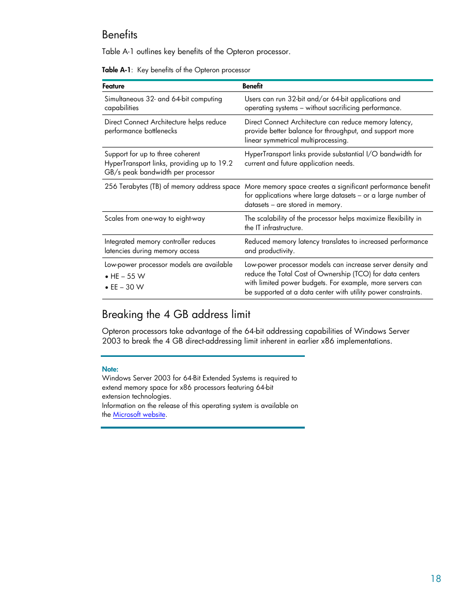 Benefits, Breaking the 4 gb address limit | HP BL35P User Manual | Page 18 / 22