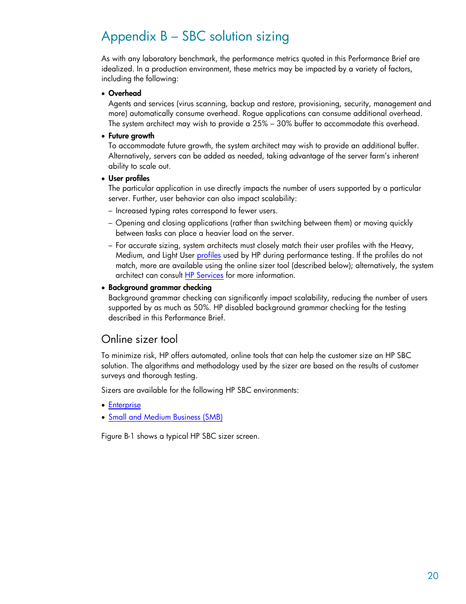 Appendix b – sbc solution sizing, Online sizer tool | HP BL35P User Manual | Page 20 / 22