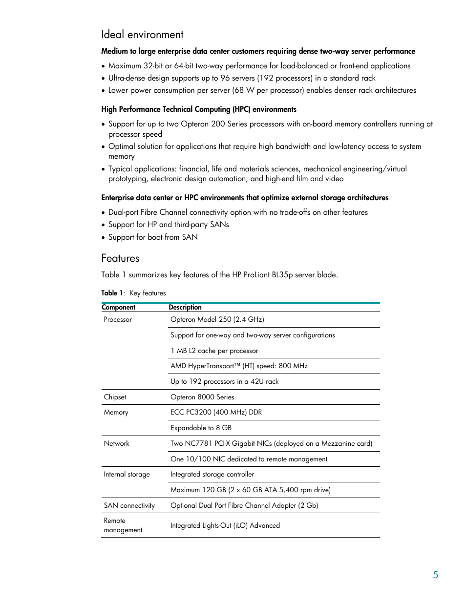 Ideal environment, Features | HP BL35P User Manual | Page 5 / 22