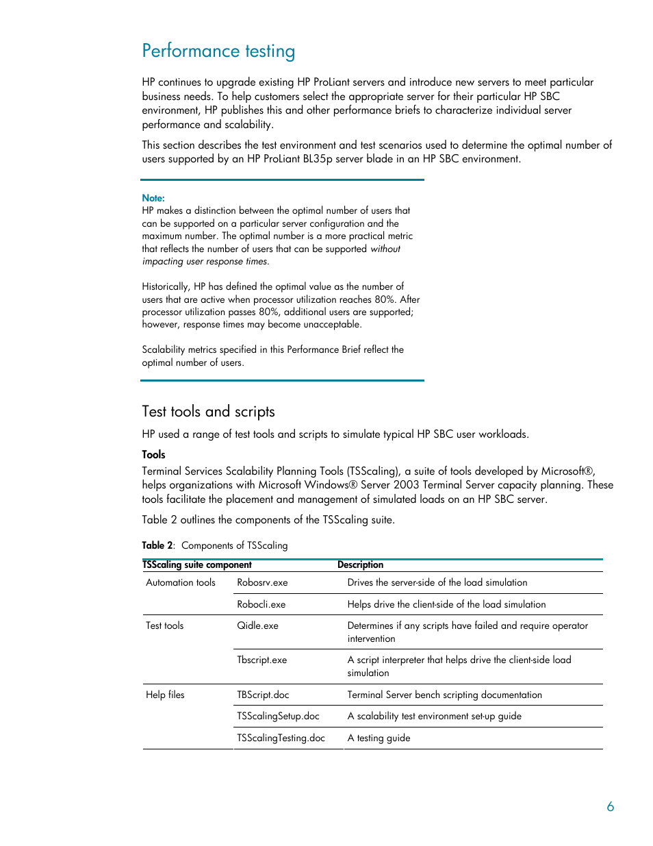 Performance testing, Test tools and scripts, Tools | HP BL35P User Manual | Page 6 / 22