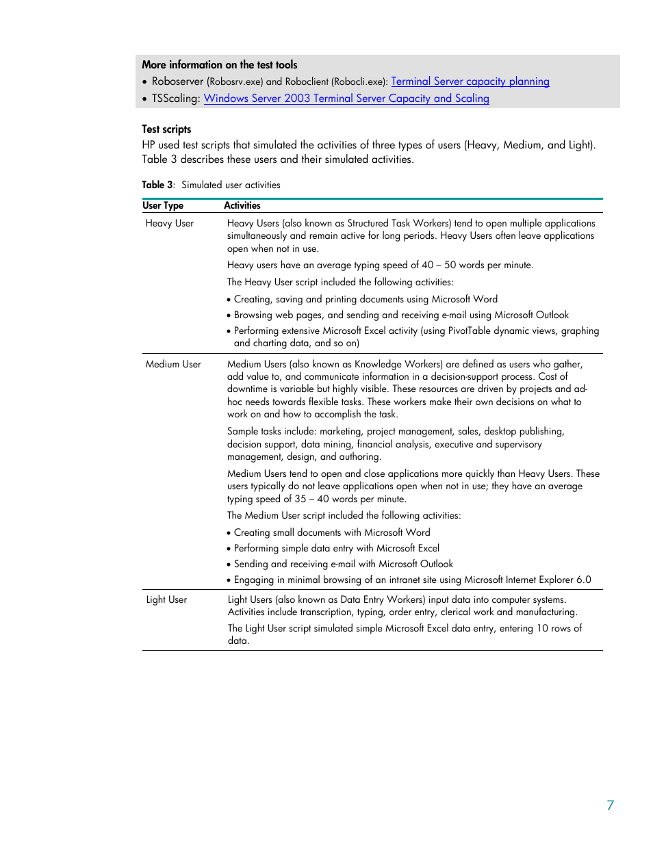 More information on the test tools, Test scripts, Defined | Later | HP BL35P User Manual | Page 7 / 22