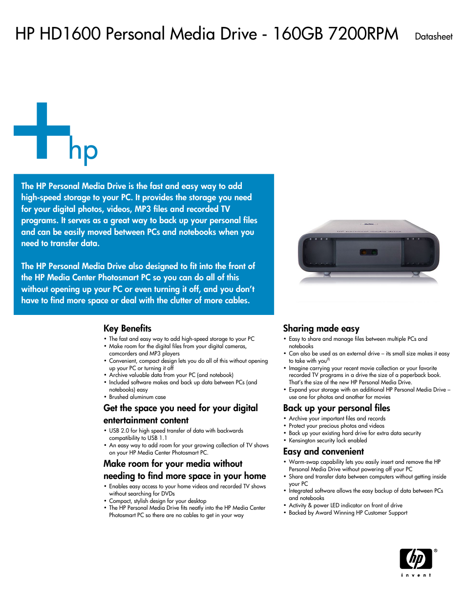 HP HD1600 User Manual | 2 pages