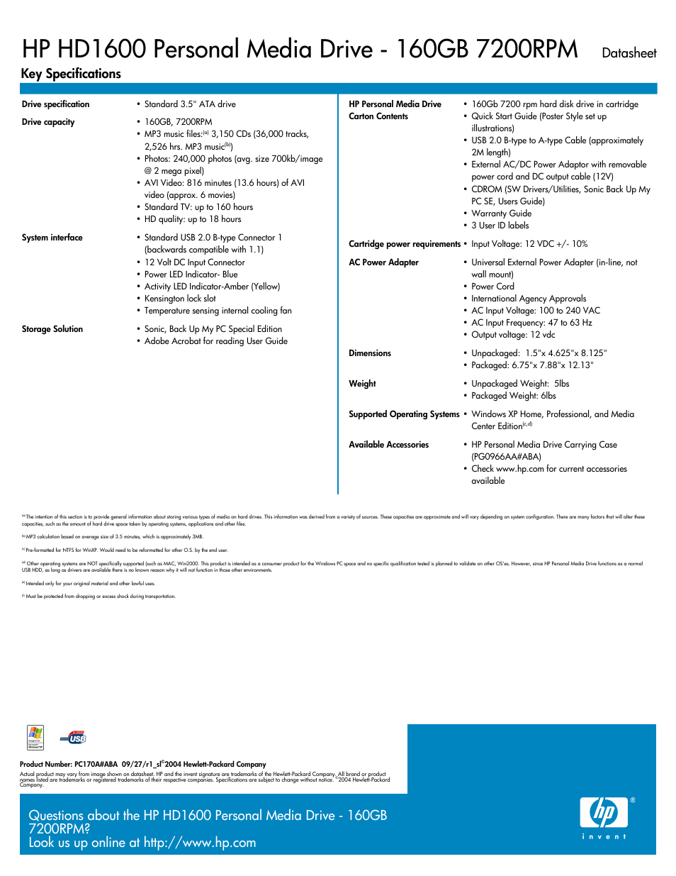 Datasheet key specifications | HP HD1600 User Manual | Page 2 / 2