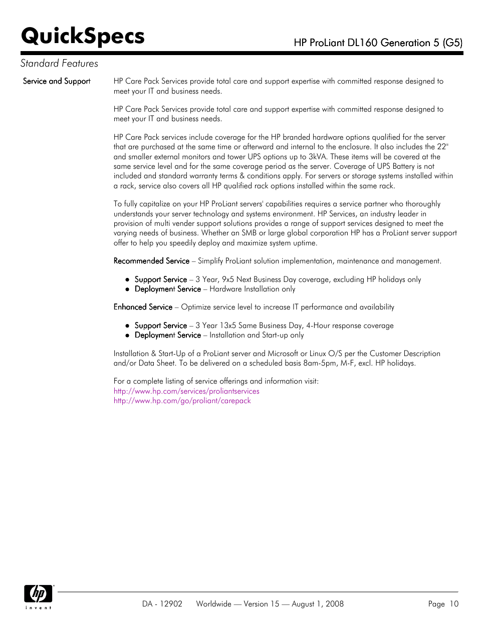 Quickspecs | HP ProLiant DL160 User Manual | Page 10 / 38